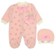 Wholesale Baby Velvet Romper 3-6-9M with Gloves and Hat pink